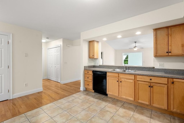 22 Pomeroy Meadow Rd Unit 4, Southampton, MA 01073 - kitchen featuring black dishwasher, light tile patterned flooring, ceiling fan, dark countertops, and recessed lighting