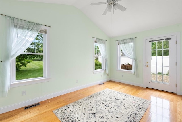 22 Pomeroy Meadow Rd Unit 4, Southampton, MA 01073 - doorway to outside featuring plenty of natural light, vaulted ceiling, wood finished floors, and a ceiling fan