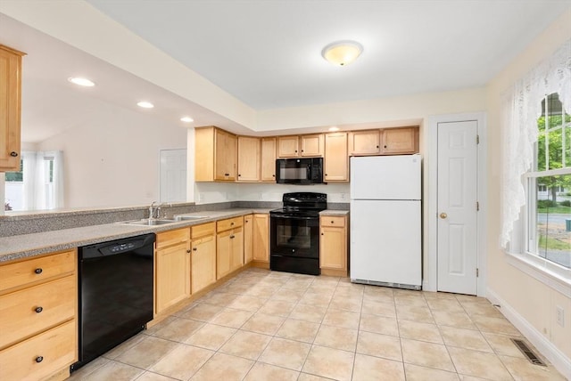 22 Pomeroy Meadow Rd Unit 4, Southampton, MA 01073 - kitchen featuring black appliances, light brown cabinets, recessed lighting, and light tile patterned floors