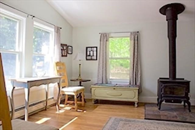 374 Swains Pond Ave, Melrose, MA 02176 - living area featuring a wood stove, healthy amount of natural light, light wood-style floors, and vaulted ceiling