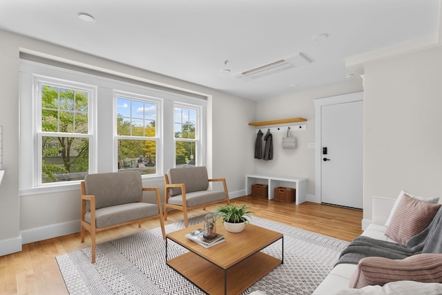 living room with light hardwood / wood-style flooring