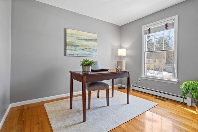 home office featuring a baseboard radiator, visible vents, baseboards, and wood finished floors