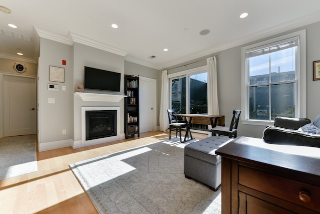 37 P St Unit 5, Boston, MA 02127 - living area featuring light wood-style flooring, a glass covered fireplace, crown molding, recessed lighting, and baseboards
