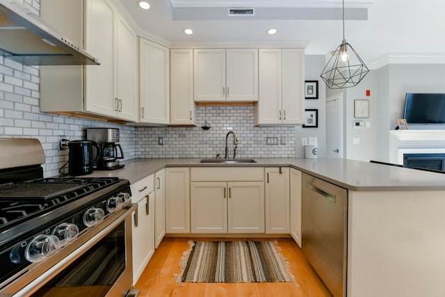 37 P St Unit 5, Boston, MA 02127 - kitchen with appliances with stainless steel finishes, a sink, under cabinet range hood, a peninsula, and recessed lighting