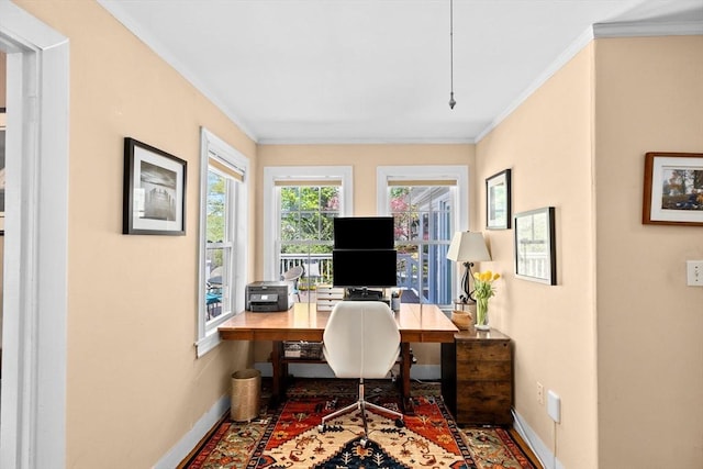 office with crown molding and baseboards