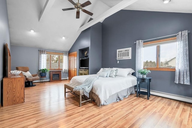 bedroom with wood finished floors, a baseboard radiator, beamed ceiling, and high vaulted ceiling