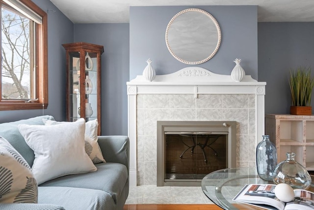 living room with a fireplace