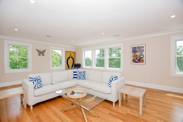 living room with ornamental molding and light wood-type flooring