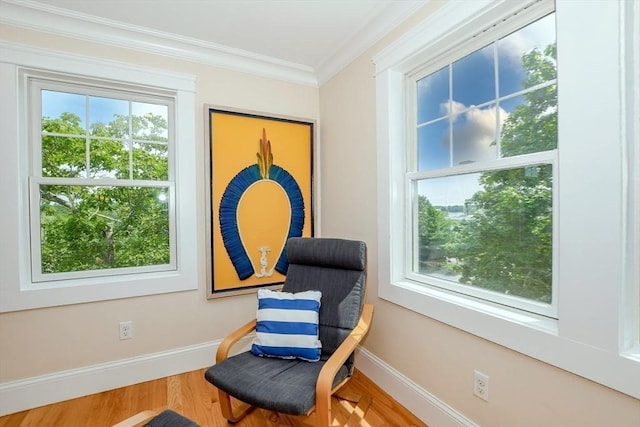 sitting room featuring ornamental molding and wood-type flooring