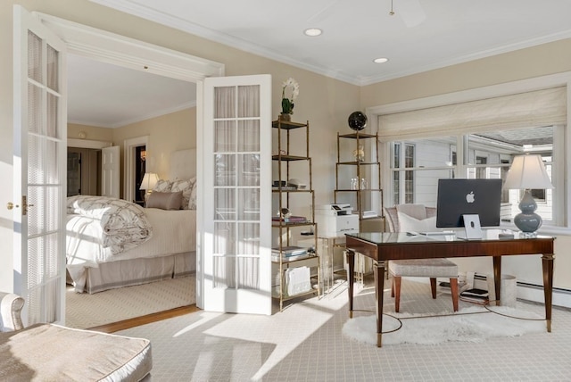 carpeted office space featuring ceiling fan and ornamental molding