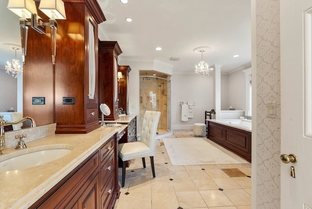 bathroom with an inviting chandelier, plus walk in shower, vanity, ornamental molding, and tile floors