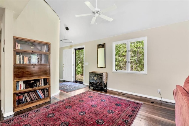 17 Claus, Barnstable, MA 02648 - living room with baseboards, plenty of natural light, wood finished floors, a ceiling fan, and high vaulted ceiling