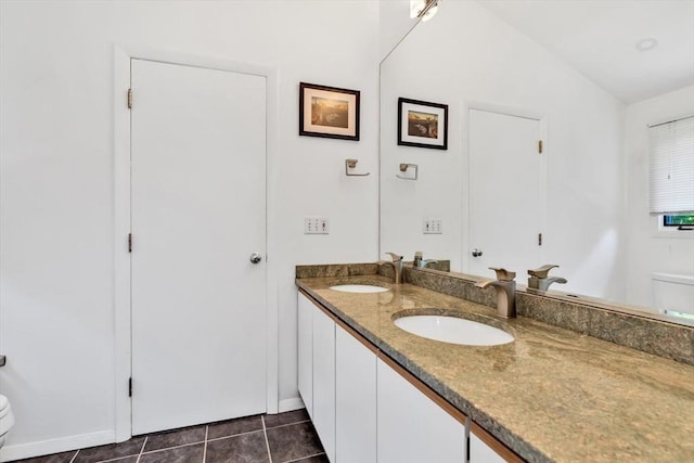 17 Claus, Barnstable, MA 02648 - bathroom with toilet, double vanity, tile patterned flooring, and lofted ceiling