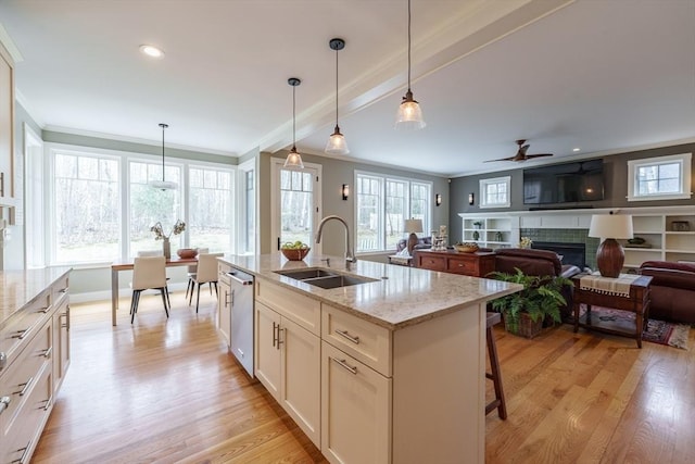 kitchen featuring crown molding, a fireplace, dishwasher, a sink, and light wood-style floors