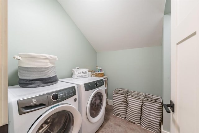 clothes washing area with laundry area, carpet flooring, and independent washer and dryer