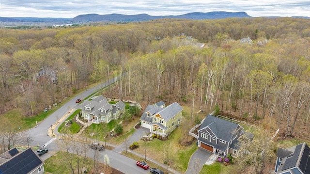drone / aerial view with a forest view and a mountain view