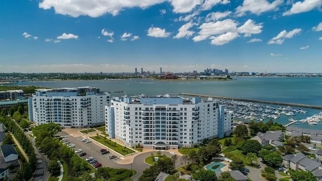 drone / aerial view featuring a water view