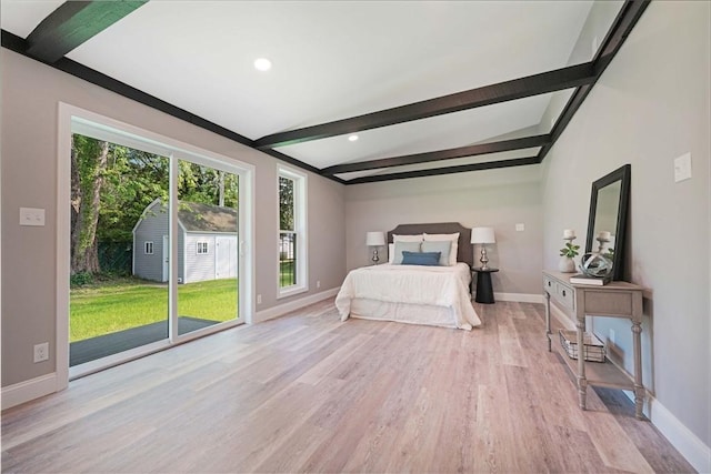 11 Rose Ave, Westport, MA 02790 - bedroom with beam ceiling, light wood-style floors, access to outside, and recessed lighting