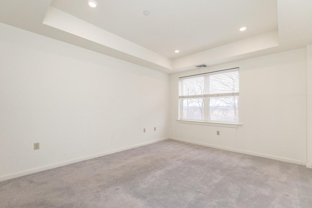 spare room with light carpet and a tray ceiling