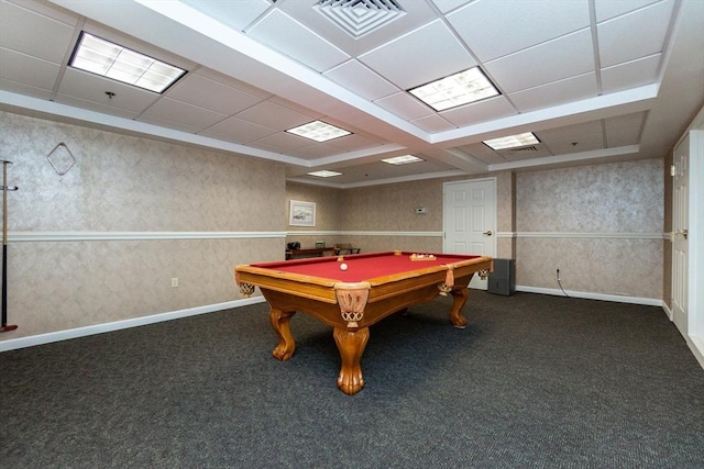 recreation room with a paneled ceiling, dark carpet, and pool table