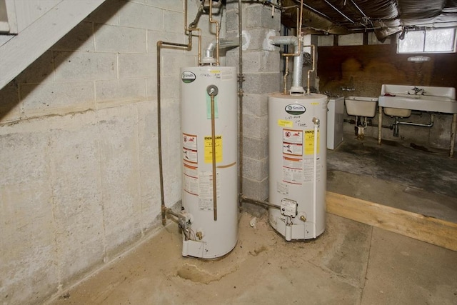 utility room featuring sink and water heater