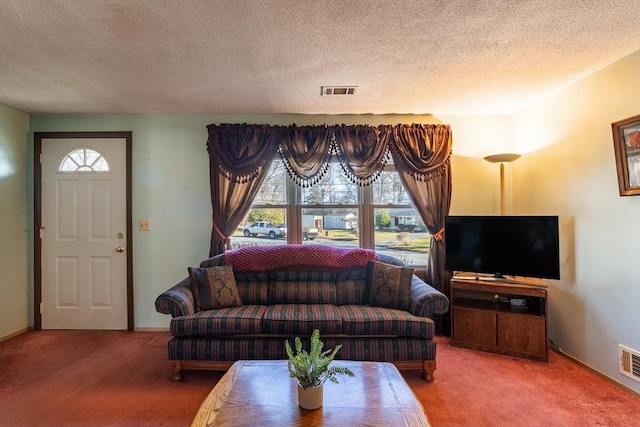 living room featuring carpet floors and a textured ceiling