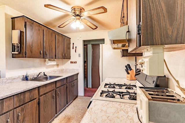 kitchen featuring ceiling fan, sink, exhaust hood, and dark brown cabinets