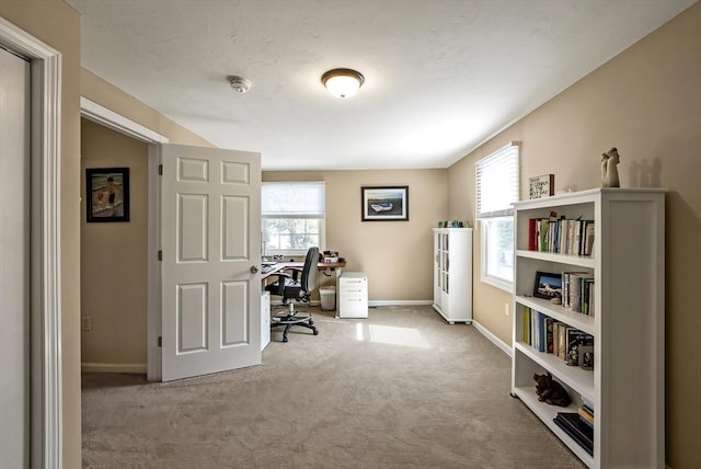 carpeted office featuring plenty of natural light and baseboards