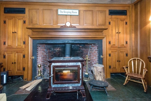 room details with a wood stove