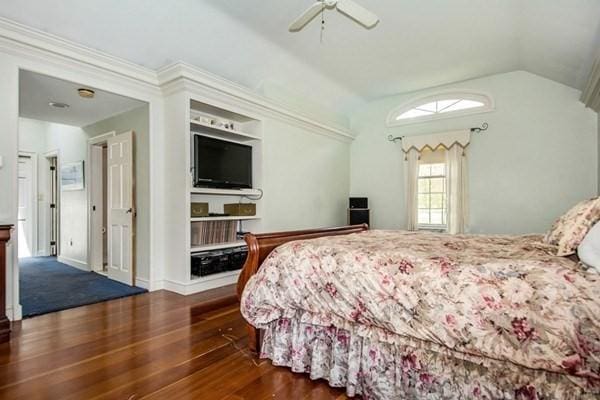 bedroom featuring lofted ceiling, a ceiling fan, and wood finished floors