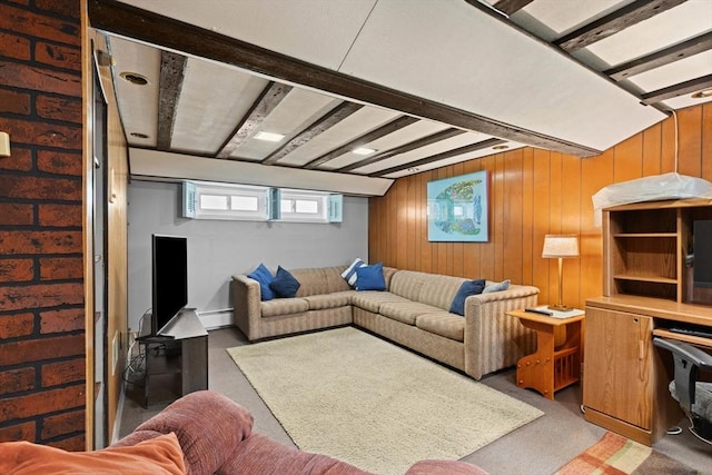 8A 3rd St, Medford, MA 02155 - living room with a baseboard heating unit, light carpet, and wooden walls