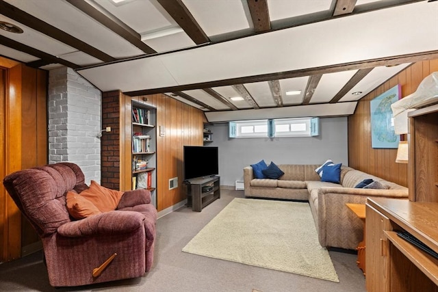8A 3rd St, Medford, MA 02155 - living area with wooden walls, light carpet, and beamed ceiling