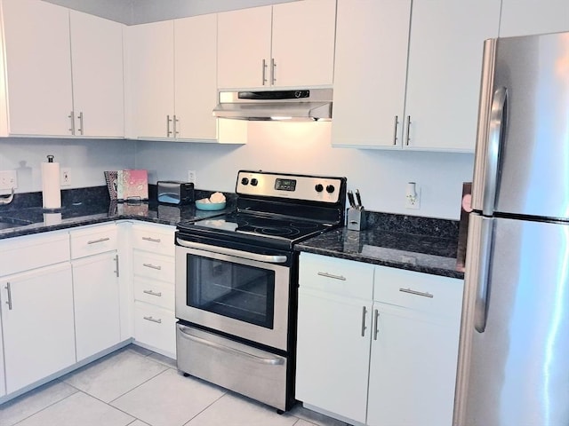 300 Candlewood Park Unit 32, Nashua, NH 03062 - kitchen with appliances with stainless steel finishes, under cabinet range hood, white cabinets, and light tile patterned floors