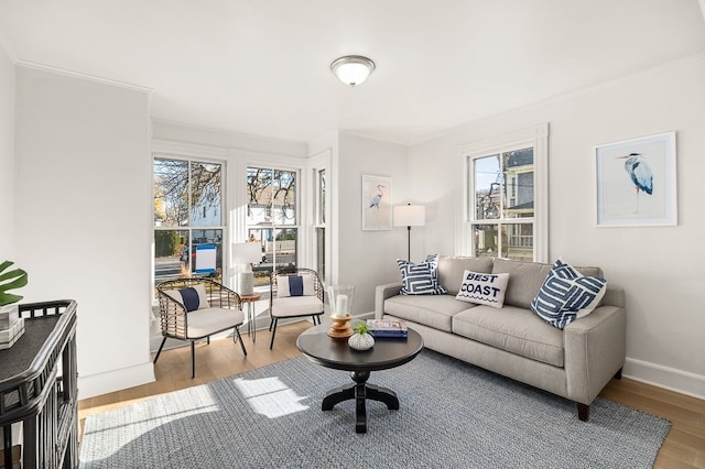 living room with light wood-type flooring, crown molding, and a wealth of natural light