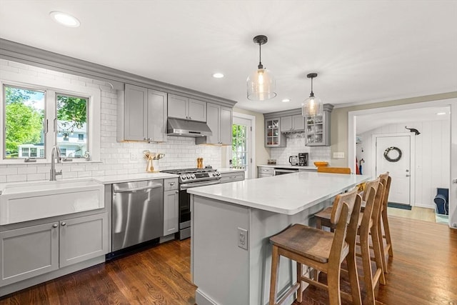 11 Bruce Ln, Wenham, MA 01984 - kitchen featuring stainless steel appliances, gray cabinetry, a sink, under cabinet range hood, and decorative backsplash