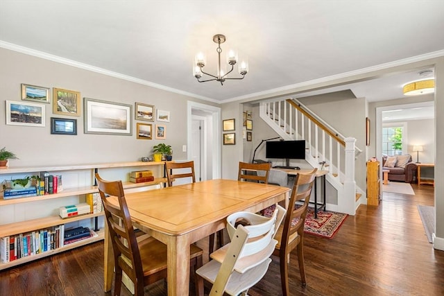 11 Bruce Ln, Wenham, MA 01984 - dining room with stairs, dark wood-style floors, a chandelier, and ornamental molding