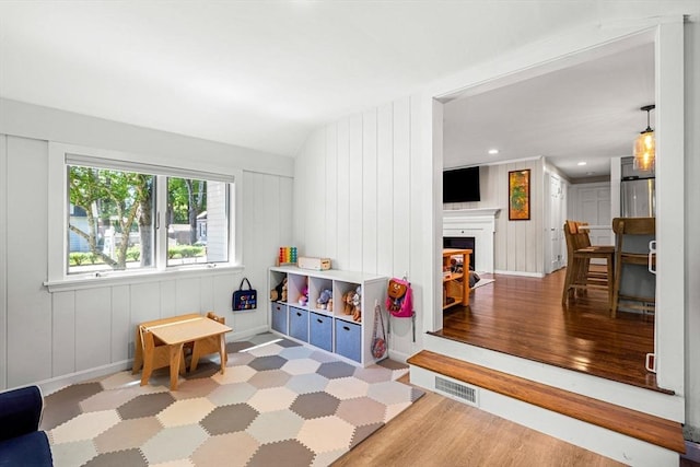 11 Bruce Ln, Wenham, MA 01984 - playroom with a decorative wall, a glass covered fireplace, and wood finished floors