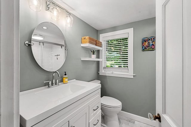 11 Bruce Ln, Wenham, MA 01984 - full bathroom featuring toilet, vanity, a shower, and baseboards