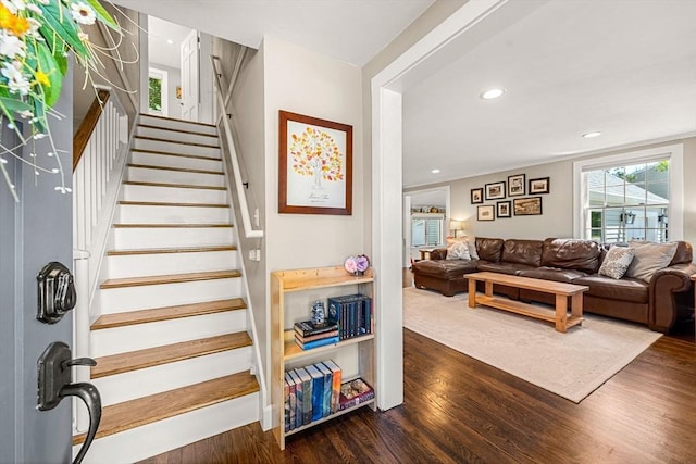 11 Bruce Ln, Wenham, MA 01984 - living area with dark wood finished floors, stairway, and recessed lighting