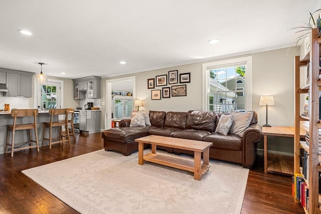 11 Bruce Ln, Wenham, MA 01984 - living area with dark wood-type flooring, healthy amount of natural light, recessed lighting, and crown molding