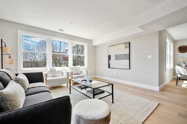 living room with light hardwood / wood-style floors and a healthy amount of sunlight