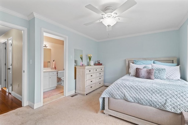 10 Sprucewood Ln Unit 10, Worcester, MA 01606 - bedroom with light carpet, ornamental molding, ensuite bathroom, and a ceiling fan