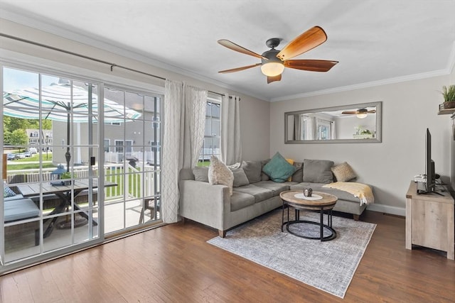 10 Sprucewood Ln Unit 10, Worcester, MA 01606 - living area featuring a ceiling fan, dark wood finished floors, and ornamental molding
