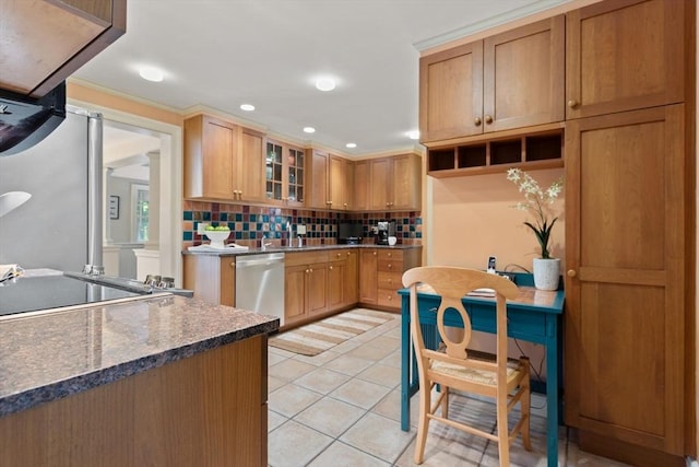 94 Laurel Dr, Needham, MA 02492 - kitchen with stainless steel dishwasher, tasteful backsplash, light tile patterned floors, glass insert cabinets, and ornamental molding