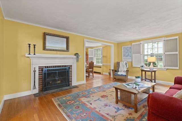 94 Laurel Dr, Needham, MA 02492 - living room featuring radiator, a fireplace, ornamental molding, and wood finished floors