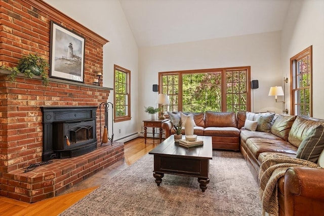 living area featuring high vaulted ceiling and wood finished floors