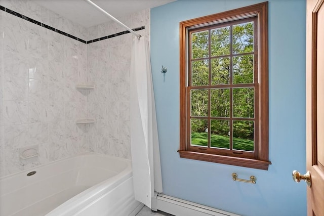 bathroom with shower / bath combination with curtain and baseboard heating