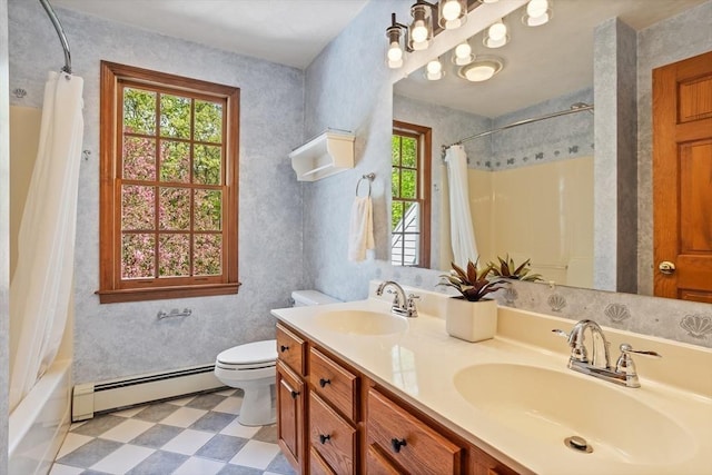 bathroom featuring baseboard heating, toilet, tile patterned floors, double vanity, and shower / bathtub combination with curtain