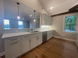 kitchen with lofted ceiling, sink, hanging light fixtures, and wood-type flooring