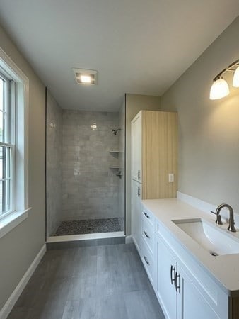 bathroom with a tile shower, vanity, and plenty of natural light